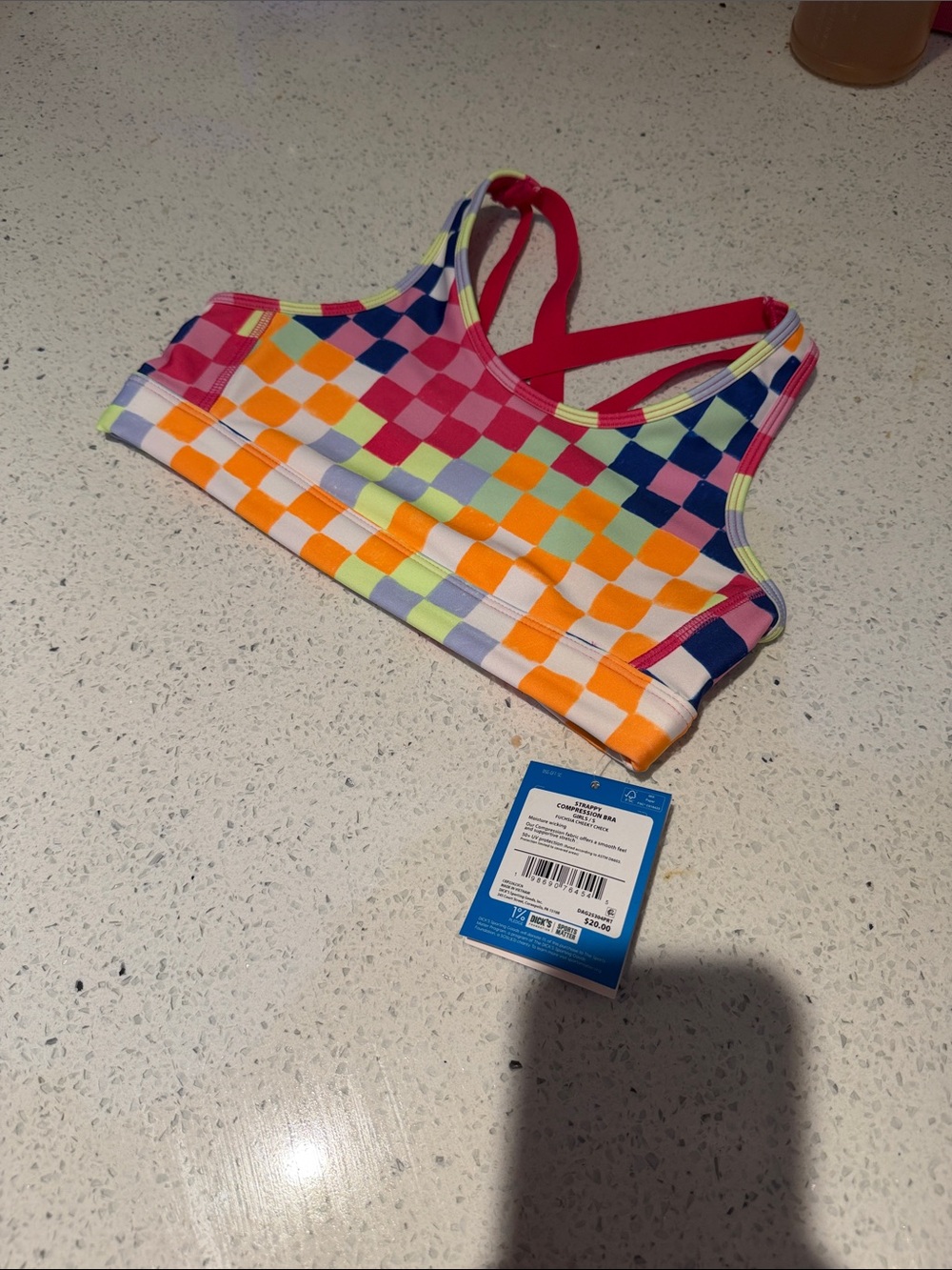 Girls' Multicolor Checkerboard Sports Bra with Crossback Straps